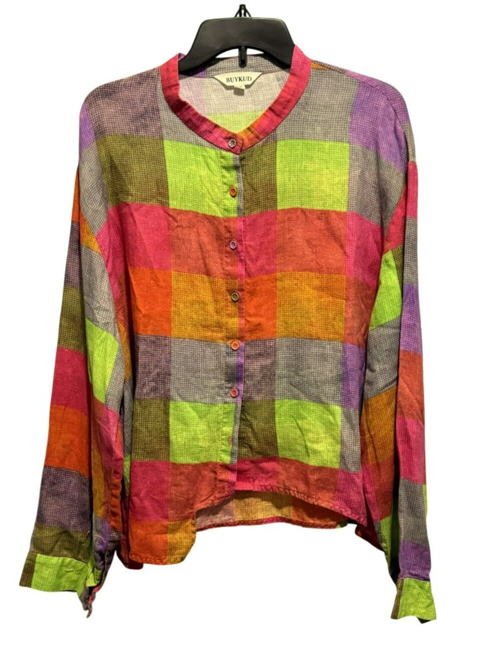BUYKUD Womens 2X Oversized Colorful Box Plaid Boho Cotton Buttoned Shirt Top